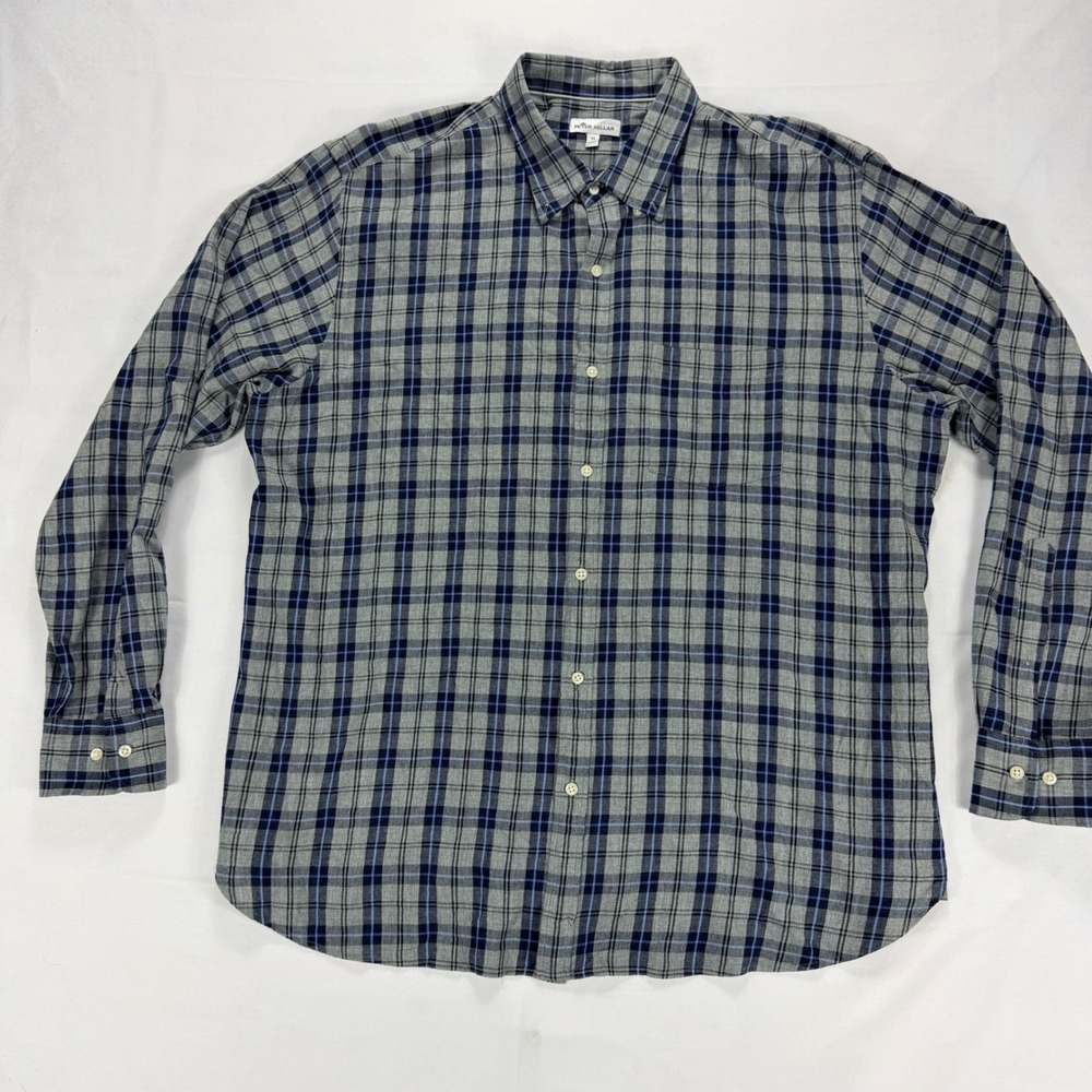 Peter Millar Plaid Button Down Shirt Mens XL Blue‎ Grey Cotton Nanolux Flannel